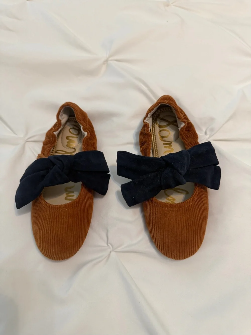Sam Edelman Girls' Corduroy Ballet Flats in Brown with Black Bow